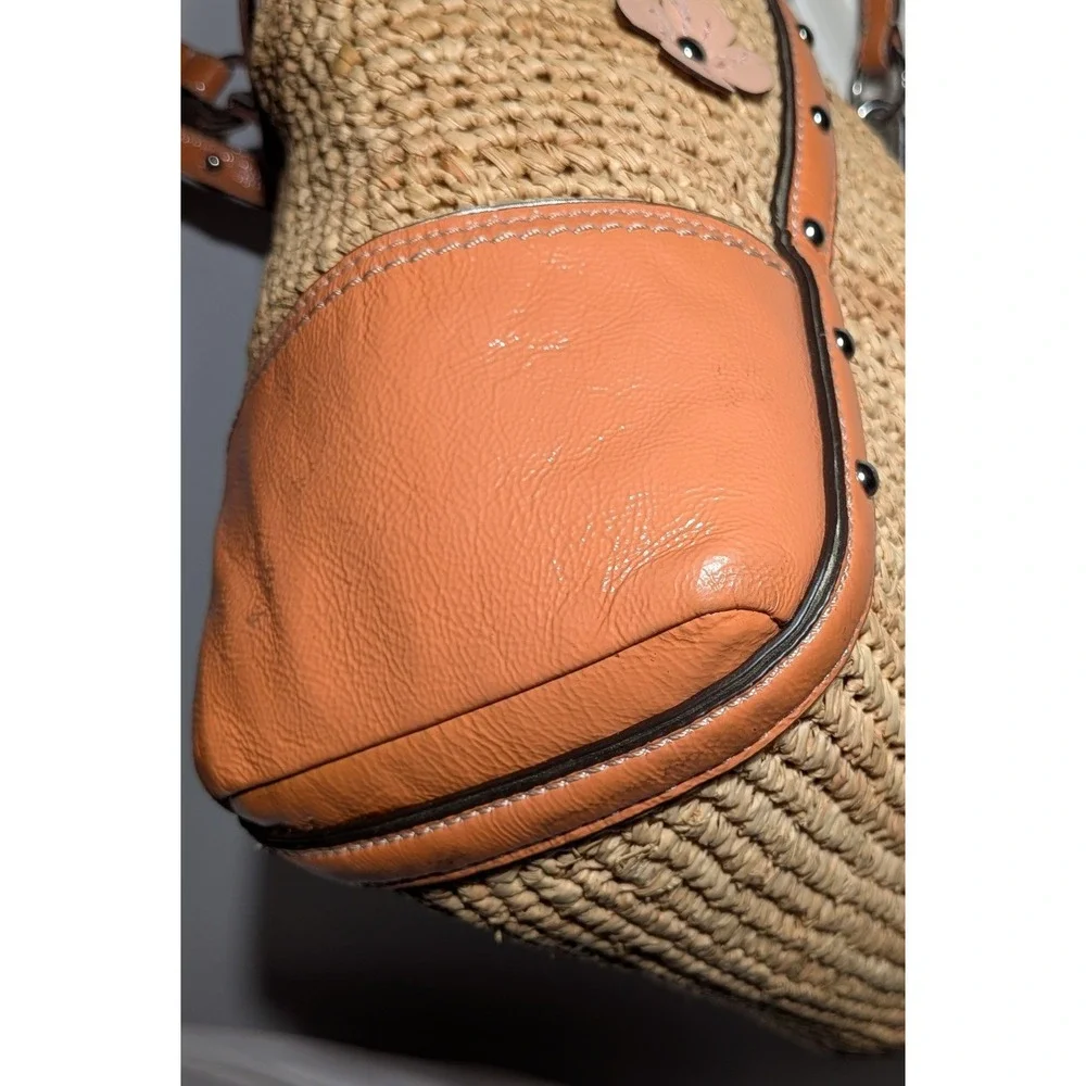Coach Madison Straw Tote Flower Applique Natural & Orange Raffia Silver Studded